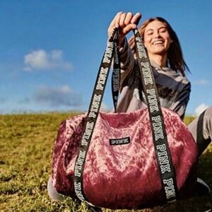 PINK Victoria’s Secret Varsity Crushed Velvet Duffel Bag in Exotic Pink